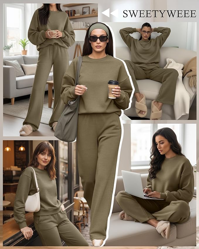 Sweetyweee Women's 2 Piece Outfits Set Fleece Lined Lounge Sweatsuit Crewneck Pullover Top Wide Leg Pants Casual Tracksuit