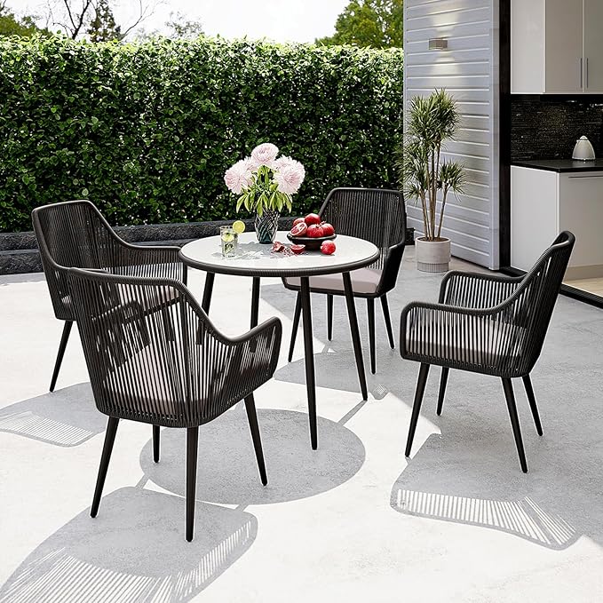 Patiorama Outdoor Dining Chairs, Patio Dining Chair Set of 4, All-Weather Woven Rope Rattan Chairs, Outdoor Dining Wicker Chairs with Armrests for Indoor Balcony Pool Backyard(Black)