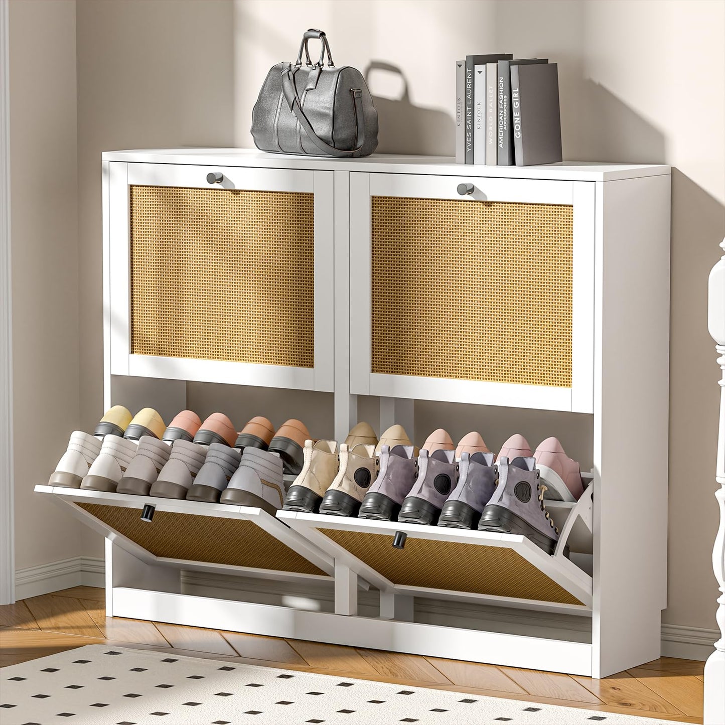 Skokliz Rattan Shoe Cabinet with 4 Flip Drawers, Farmhouse Hidden Shoe Storage Organizer Holds 16 Pairs of Shoes, 2-Tier Shoe Storage Cabinet for Entryway, Foyer, Hallway