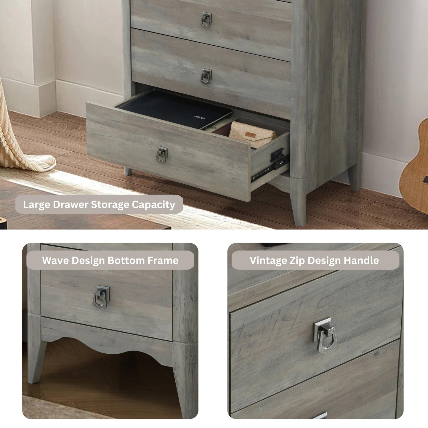ELISA HOME Celine 5 Drawers Dresser for Bedroom, 47" Tall Modern Chest of Drawers, Wood Drawer Organizer for Clothes, Entryway, Hallway, Nursery or Living Room, Gray