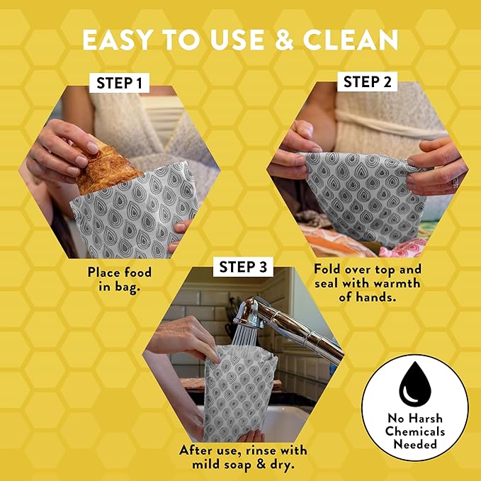BeeBAGZ - Beeswax Wrap Storage Bag, Reusable Food Storage Bags, Pack of 3, Plastic Free Biodegradable Food Wrap Alternative, Lunch Pack, 2 Small + 1 Medium, (Grey)