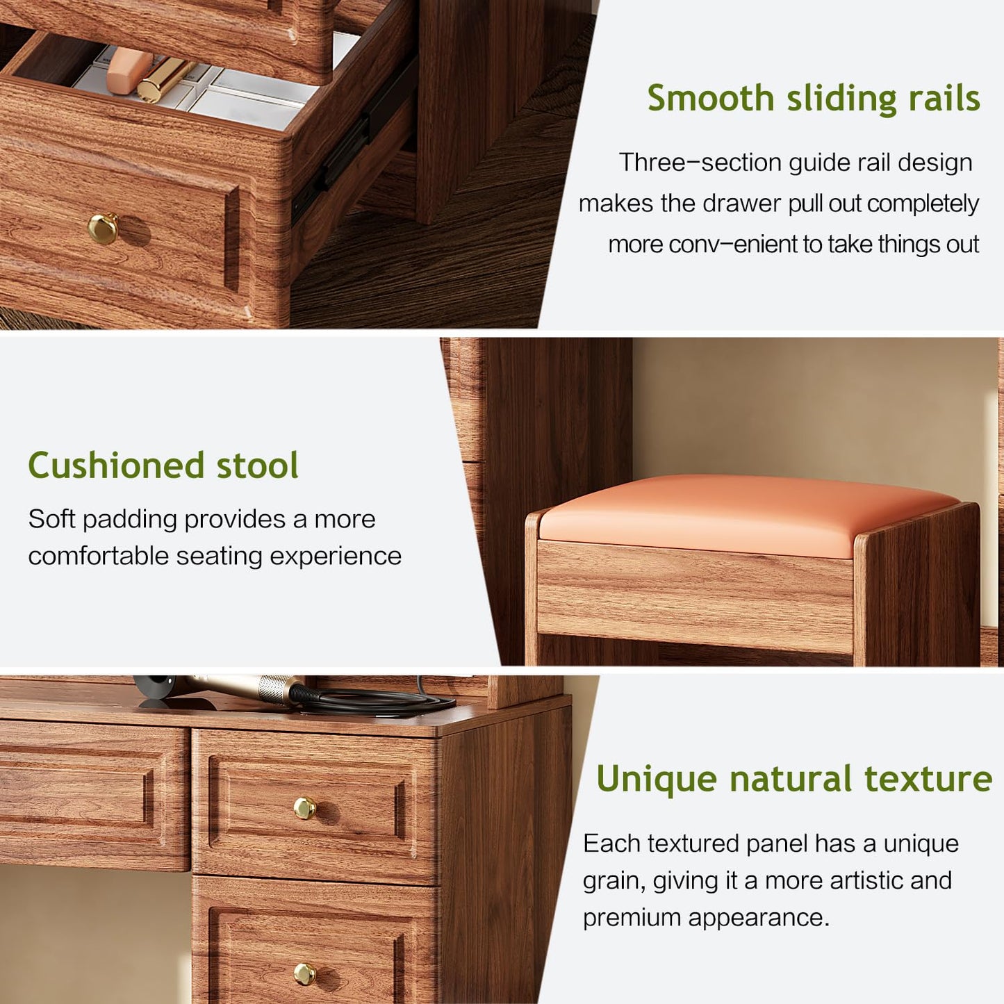 Arulvmrn 43" Makeup Vanity Desk with Mirror and Lights, & Power Outl, Glass Top Big Vanity Table with 9 Drawers& 8 Storage Shelves, Dressing Table Set with Chair for Bedroom, Brown