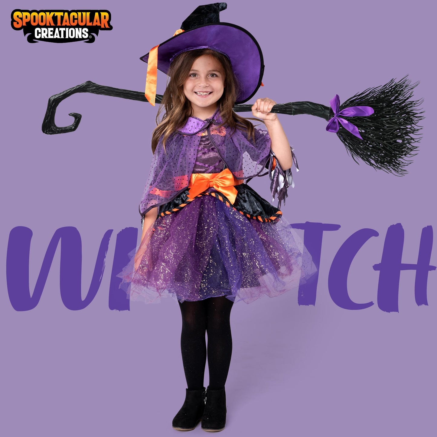 Spooktacular Creations Child Girl Orange Purple Witch Costume, Toddler Witch Outfit Set with Broom for Kids Halloween Dress Up Parties (Toddler (3-4yr))