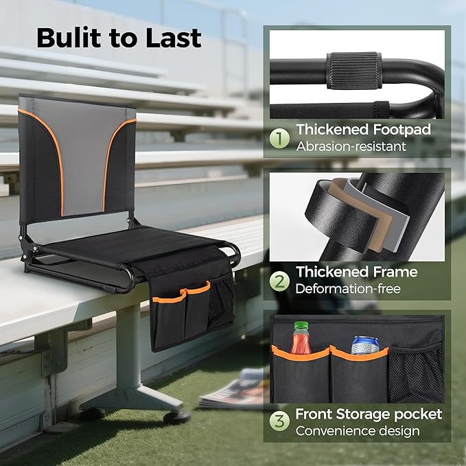 GREEN PARTY Portable Folding Stadium Seats Extra Wide 20.1" Chair for Bleachers Set of 2 with 2 Storage Pockets & Mesh Cup Holder, 600D Oxford Fabric Comfortable Padded Cushion Back Support Black