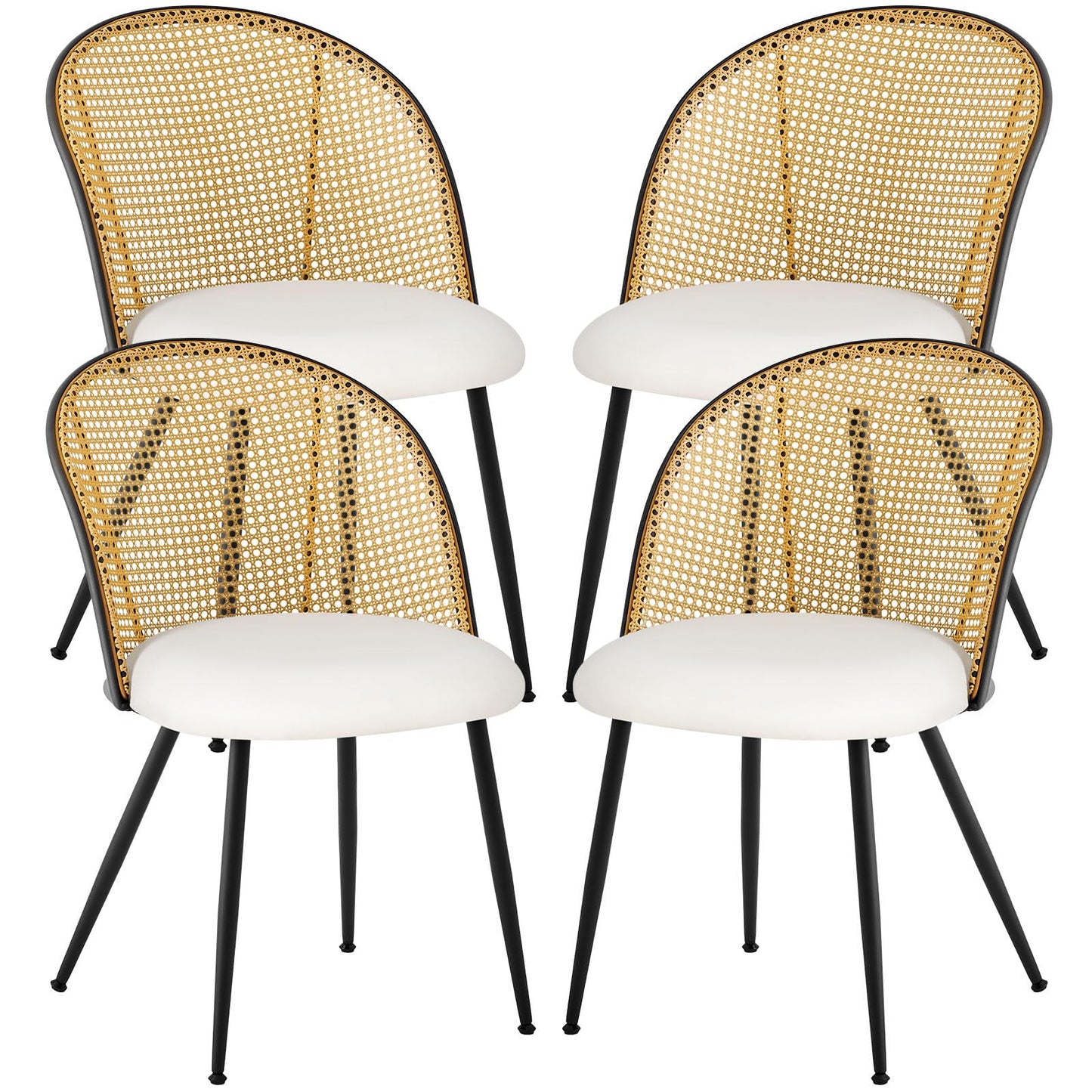 Bekrvio Dining Chairs Set of 4, Mid Century Modern Dining Room Chairs with Full Rattan Back, Faux Leather Kitchen Dining Chairs Farmhouse Armless Mesh Cane Back Side Chairs with Metal Legs, White