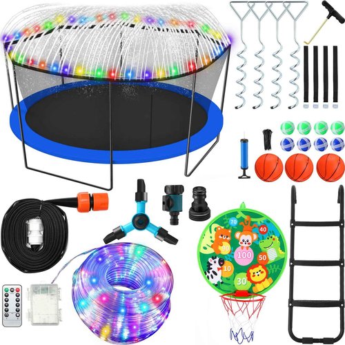 Gemscream Trampoline Accessories Kit, 3 Step Trampoline Steps 72ft 200 LED Lights 4 Stakes with 4 Belt, T Shaped Hooks, 39.4ft Sprinkler Basketball Hoop Dartboard
