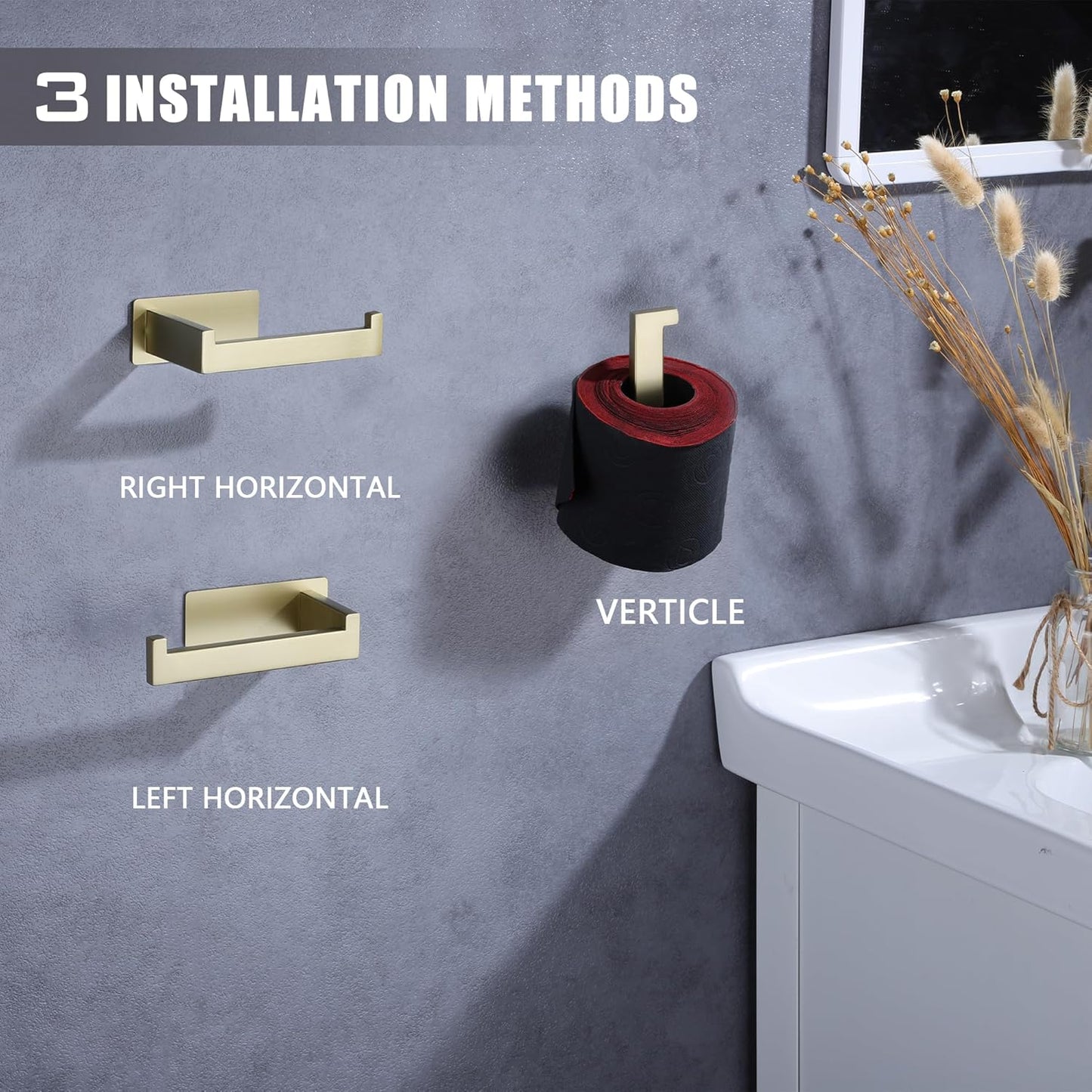 LANC Self-Adhesive Toilet Tissue Roll Holder, Brushed Gold Paper Holder Wall Mounted for Bathroom RV Stick On Toilet Tissue Holder with Drill Free Rustproof Stainless Steel, A8307BG