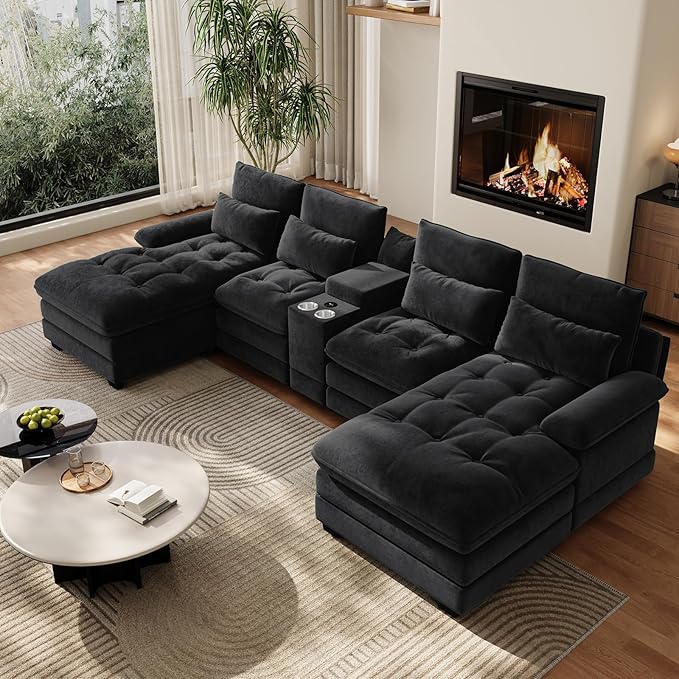 BEQAI 134"U Shaped Sectional Couches for Living Room,Oversized Modular Sectional Fluffy Couch with Chaise Lounge & Tufted Buttons,Modern Chenille 6 Seat Living Room Sofa Set with Storage Console,Black
