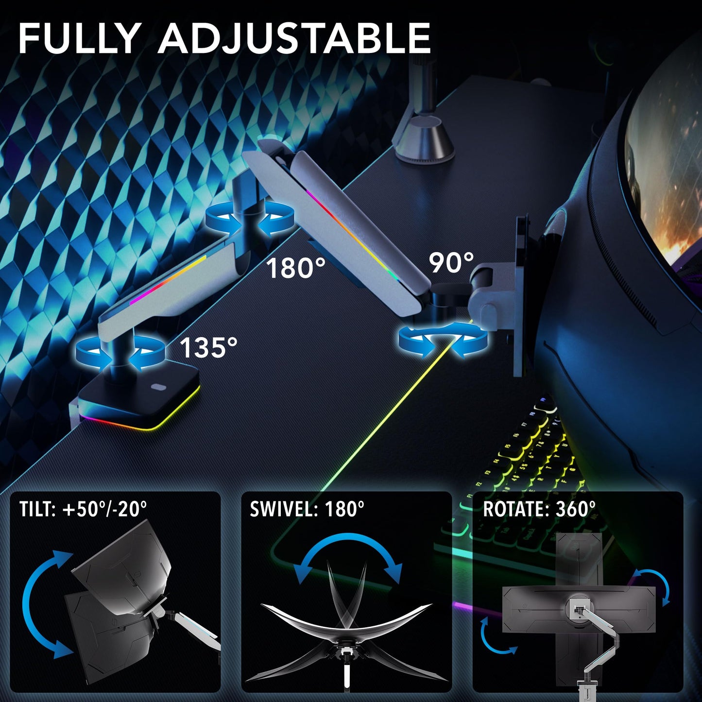 Mount-It! Heavy-Duty Ultrawide Monitor Arm up to 49”, 44 lb Capacity, Desk Mount for Curved & Widescreen Monitors, Compatible with Samsung Odyssey G9, Gas Spring, RGB Lighting, VESA 75x75 & 100x100