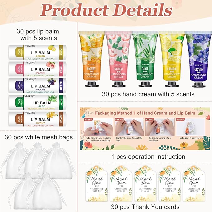 30 Pack Bulk Hand Cream and Bulk Lip Balm Sets, Valentines Day Gifts, Wedding Favors for Guests with Thank You Card and Organza Bags, Mothers Day Gifts, Teacher Appreciation Gift and Nurse Gift
