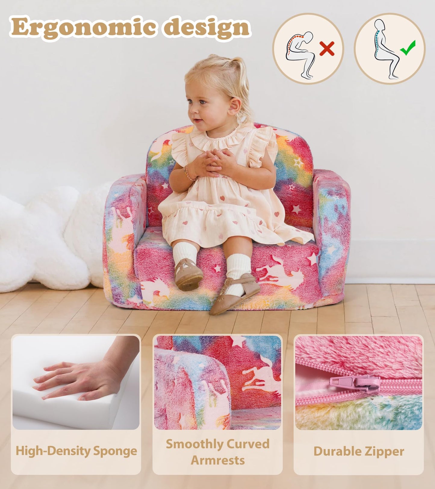 Kids Couch, 2-in-1 Soft Toddler Couch Fold Out with with Blanket and Cloud Pillow, Glow in The Dark, Toddler Chair Comfy, Convertible Sofa to Lounger, Gifts for Kids Girl Boys, Medium Pink Unicorn
