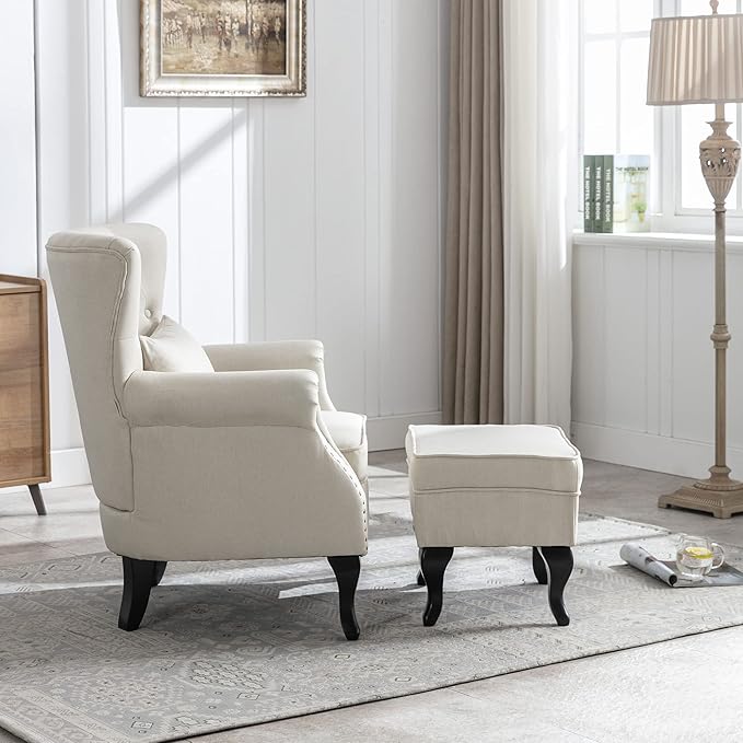 DM Furniture Set of 2 Mid-Century Modern Accent Chair with Ottomans, Linen Fabric Armchair w/Tufted Back/Wood Legs, Upholstered Lounge Arm Chair Single Sofa for Living Room Bedroom, Beige