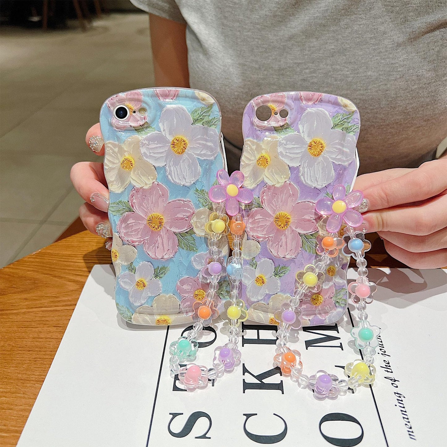 For Iphone Se Case 2022/2020 Iphone 8/7 Curly Wavy Case, Cute Colorful Retro Oil Painting Flower Glossy Pattern [With Bead Chain