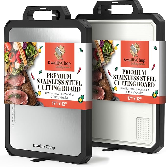 Double-sided Stainless steel cutting board with knife sharpener & stand -17x12" Stainless steel cutting boards for kitchen...