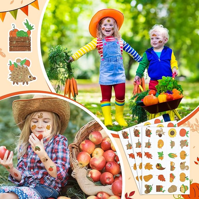 Landhoow 240 Pcs Thanksgiving Tattoos Temporary Autumn Glitter Face Tattoos Cool Body Sticker Costume Accessory Tattoo Party Favor
