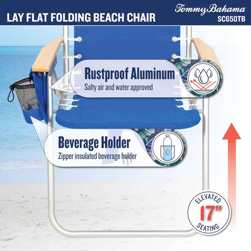 Tommy Bahama Hi-Boy 17" Seat Height 4-Position Lace-Up Suspension Folding Backpack Beach Chair, Logo Stripe