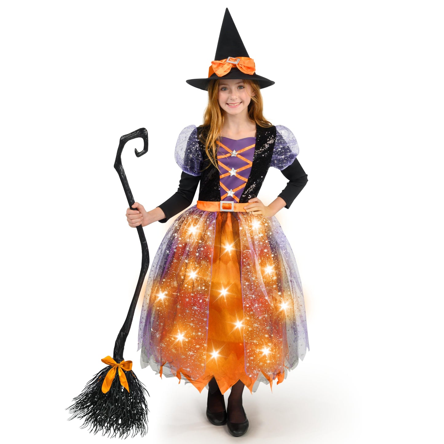 Spooktacular Creations Witch Costume Kids, Light Up Halloween Costumes Witch Dress with Hat and Broom for Girls, Sweet Wizard Set for Toddler Scary Halloween Themed Parties, Orange, M