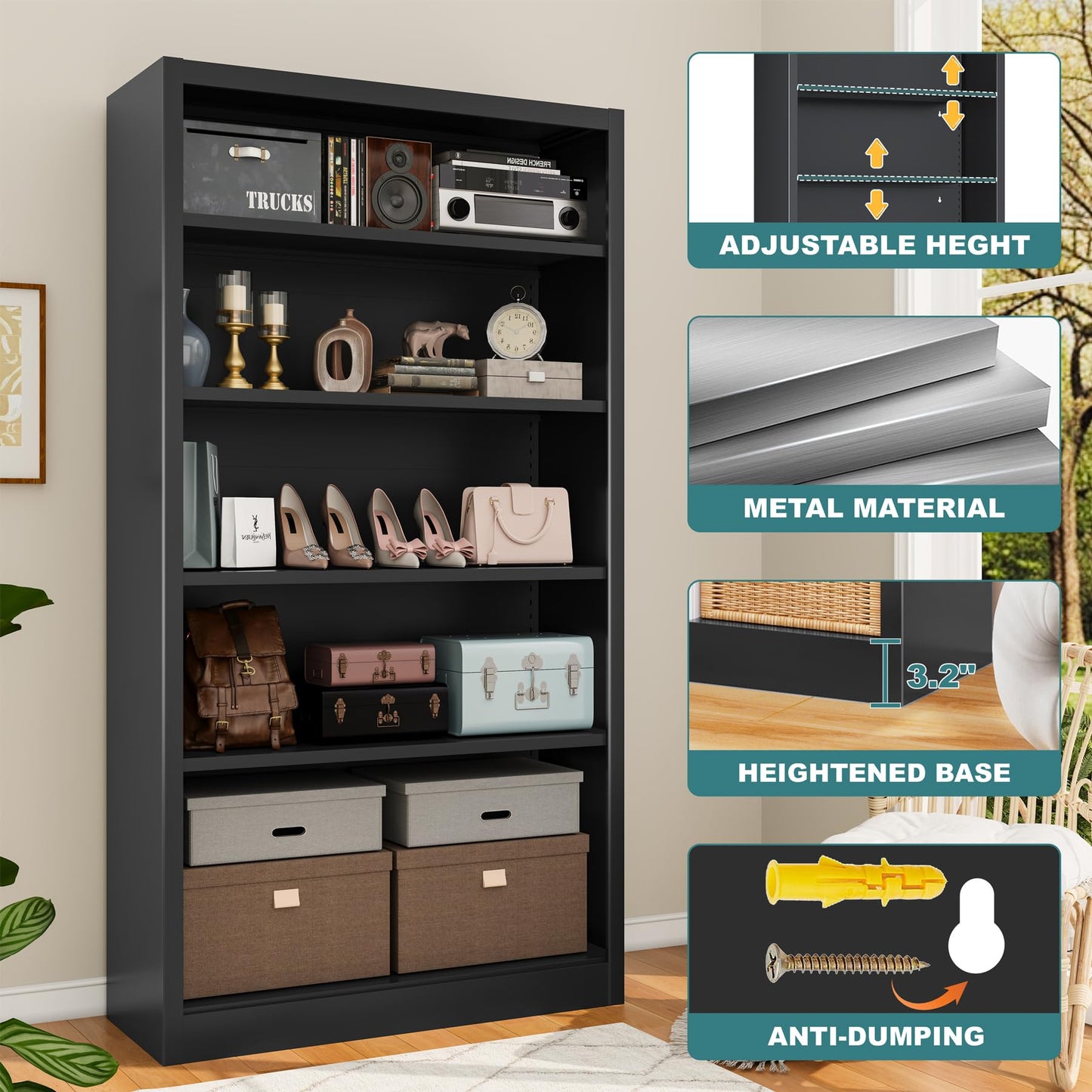 ZONLESON Shoe Cabinet,5 Tiers Heavy Duty Metal Freestanding Shoe Rack,55" Tall Shoe Rack with Open Storage Shelf for Entryway,Living Room,Garage (Black, 5 Tier-55 H*27.6" W*11.8" D)