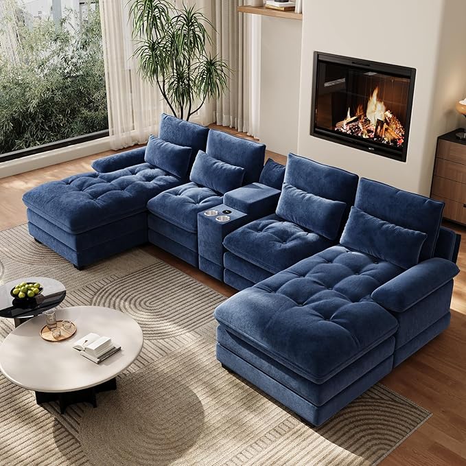 BEQAI 134"U Shaped Sectional Couches for Living Room,Oversized Modular Sectional Fluffy Couch with Chaise Lounge & Tufted Buttons,Modern Chenille 6 Seat Living Room Sofa Set with Storage Console, Blue