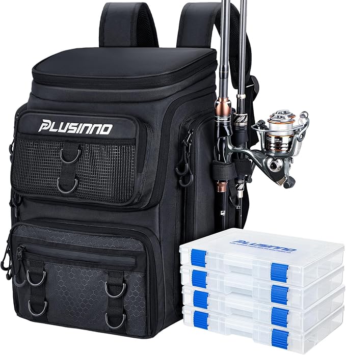 PLUSINNO Fishing Backpack with Rod Holders Tackle Box, 42L Large Water-resistant Fishing Tackle Bag Store Fishing Gear