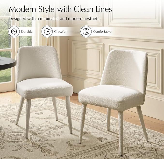 HULALA HOME Modern Dining Chairs Set of 4，White Fully Chenille Upholstered Dining Room Chairs Set with Foot Peg, Wood Frame, Armless Kitchen Accent Chairs for Living Room Bedroom Reception - Ivory
