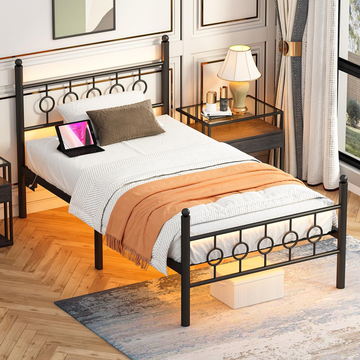 Jenmit Twin Bed Frames with Headboard, LED Bed Frame with Charging Station, Metal Platform, Under-Bed Storage, No Box Spring Needed, Noise Free, Easy Assembly, Black