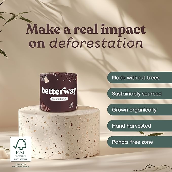 Betterway Unbleached Bamboo Toilet Paper Rolls - Eco-Friendly 3 Ply Toilet Tissue - 36 Long-Lasting Rolls - 360 Sheets/Roll - Organic, FSC Certified, Septic Safe TP - Lint-Free, PFAS-Free Bath Tissue