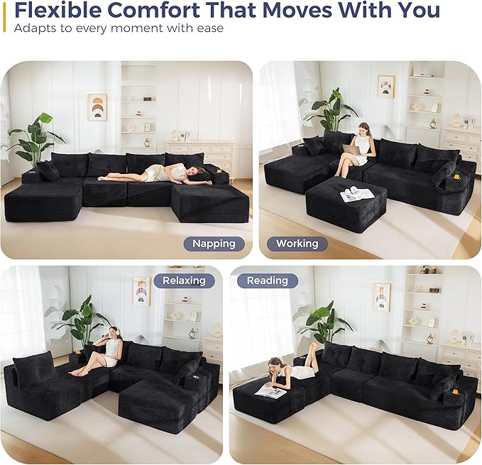 MAXYOYO 132" Giant U-Shaped Modular Sectional Couch, Modern Boneless Couch for Living Room, Sofa in A Box, Oversized Sofa Sleeper with Deep Seat, No Assembly Required, Black