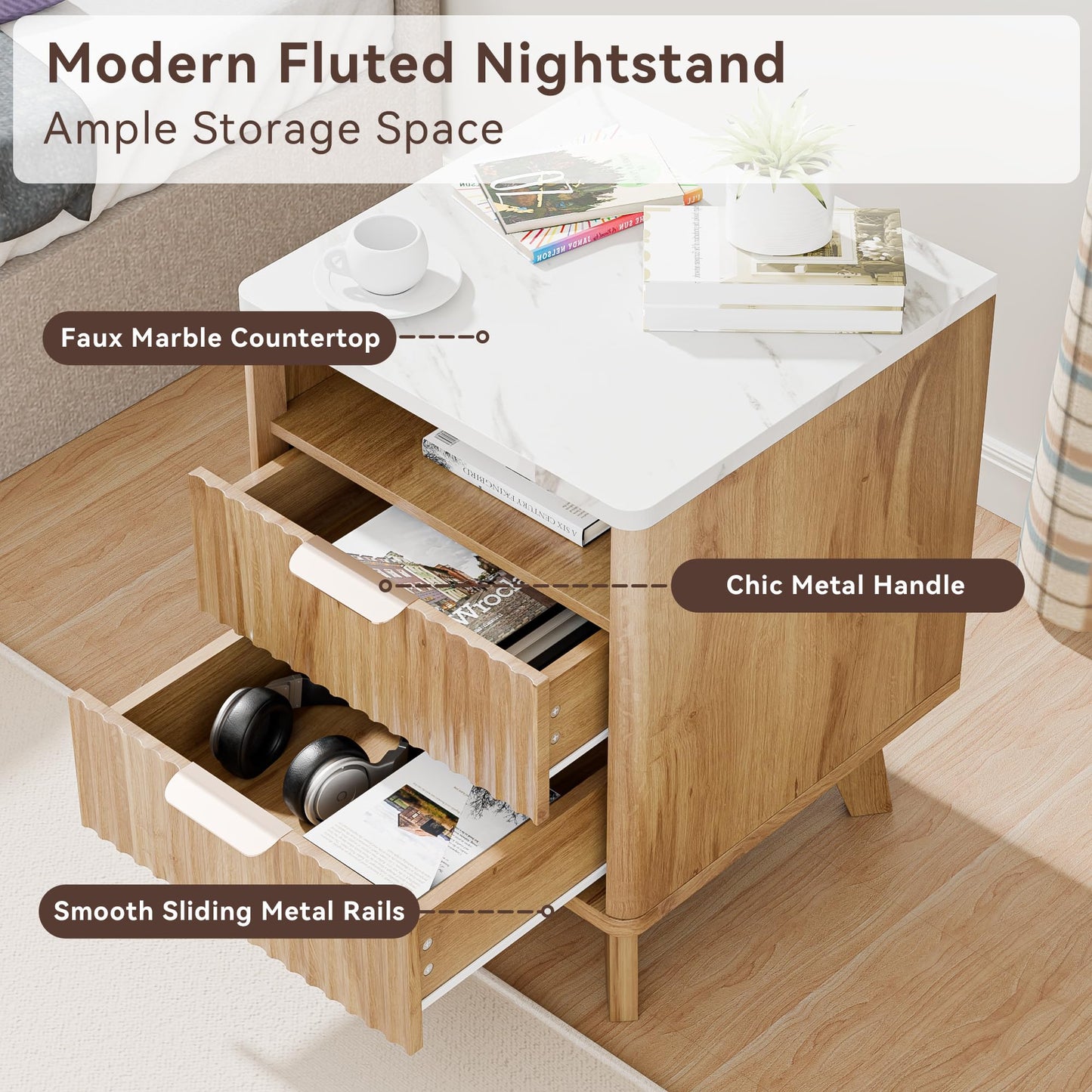 HOCAT Fluted Nightstand Set of 2, 18" Modern Bed Night Stand with Faux Marble Top, 2 Drawers, Open Storage Shelf, Living Room End Table, Curved Edge Bedside Table for Bedroom, Natural Oak