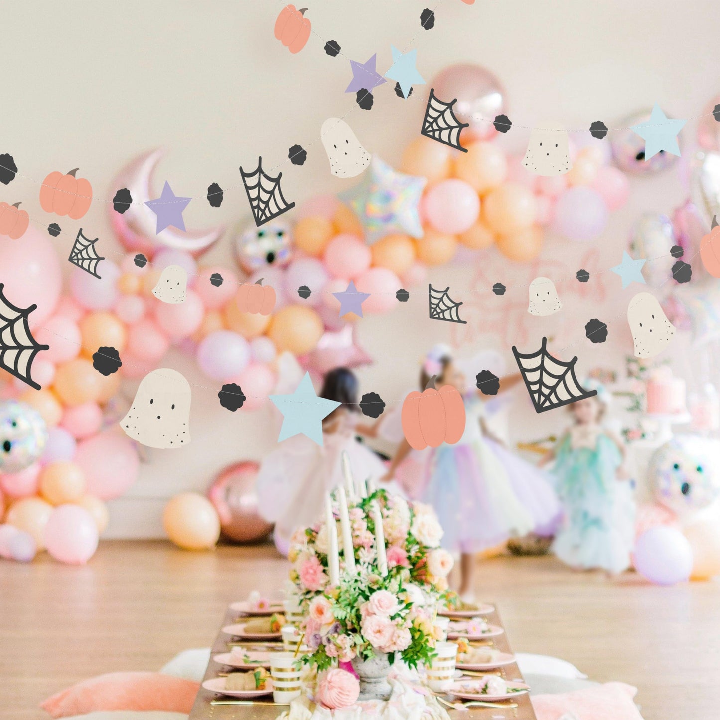 Cheerland Pastel Halloween Garland Cute Summerween Kids Party Decorations Pumpkin Flag Spiderweb Ghost Banner Spooky One Boo Birthday Party Supplies Baby Shower Classroom Home Hanging Decor