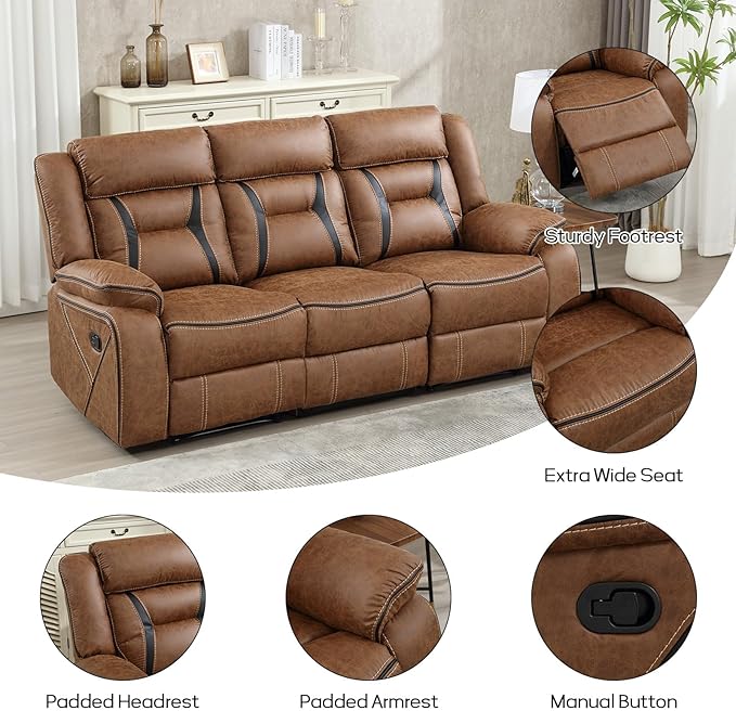 EBELLO Manual Recliner Sofa Set, Faux Leather Reclining Living Room Furniture Set, Included Recliner Chair and 3 Seat Manual Recline Sofa, Brown