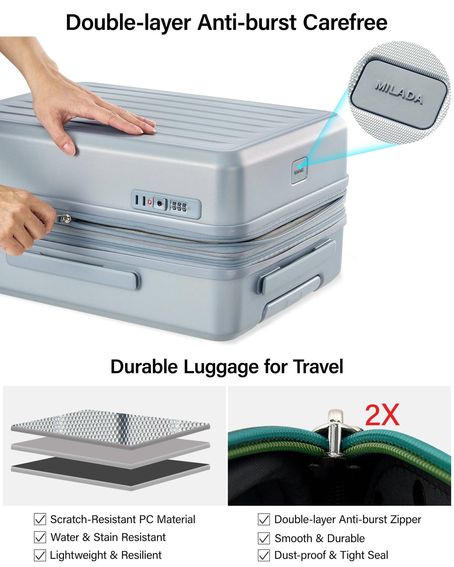 MILADA 20 Inch Expandable Carry On Luggage, Airline Approved Hard Shell Carry On Suitcase with Dual 360° Spinner Wheels & TSA Lock, Lightweight PC Rolling Suitcase for Travel, Arctic Silver