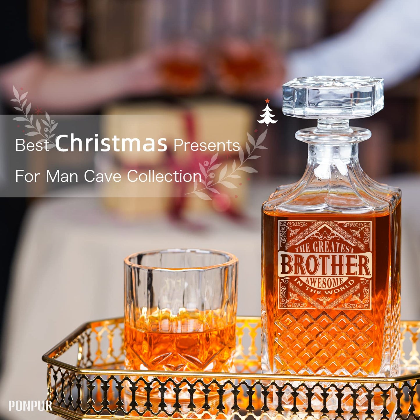 PONPUR Gifts for Brother, Whiskey Decanter Set with 2 Whisky Glasses, Unique Cool Stocking Stuffers Birthday Gift for Brothers from Sister, Best Christmas Presents for Men