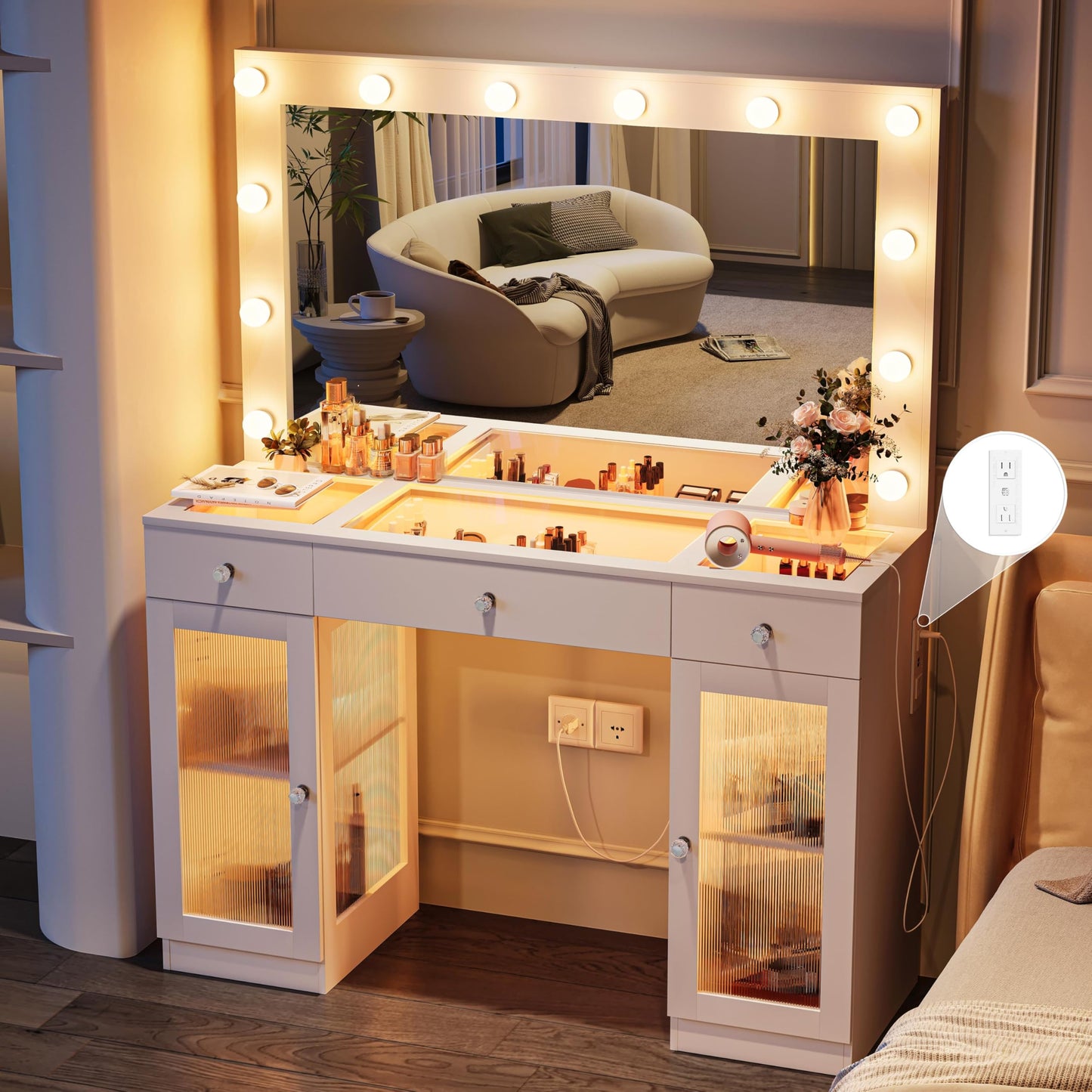 IFSEB Vanity Desk with Large Mirror and Lights, Glass Top Makeup Vanity with Lights & Power Outlet for Bedroom, 3 Color Lighting Modes, White Dressing Table for Women, Girls
