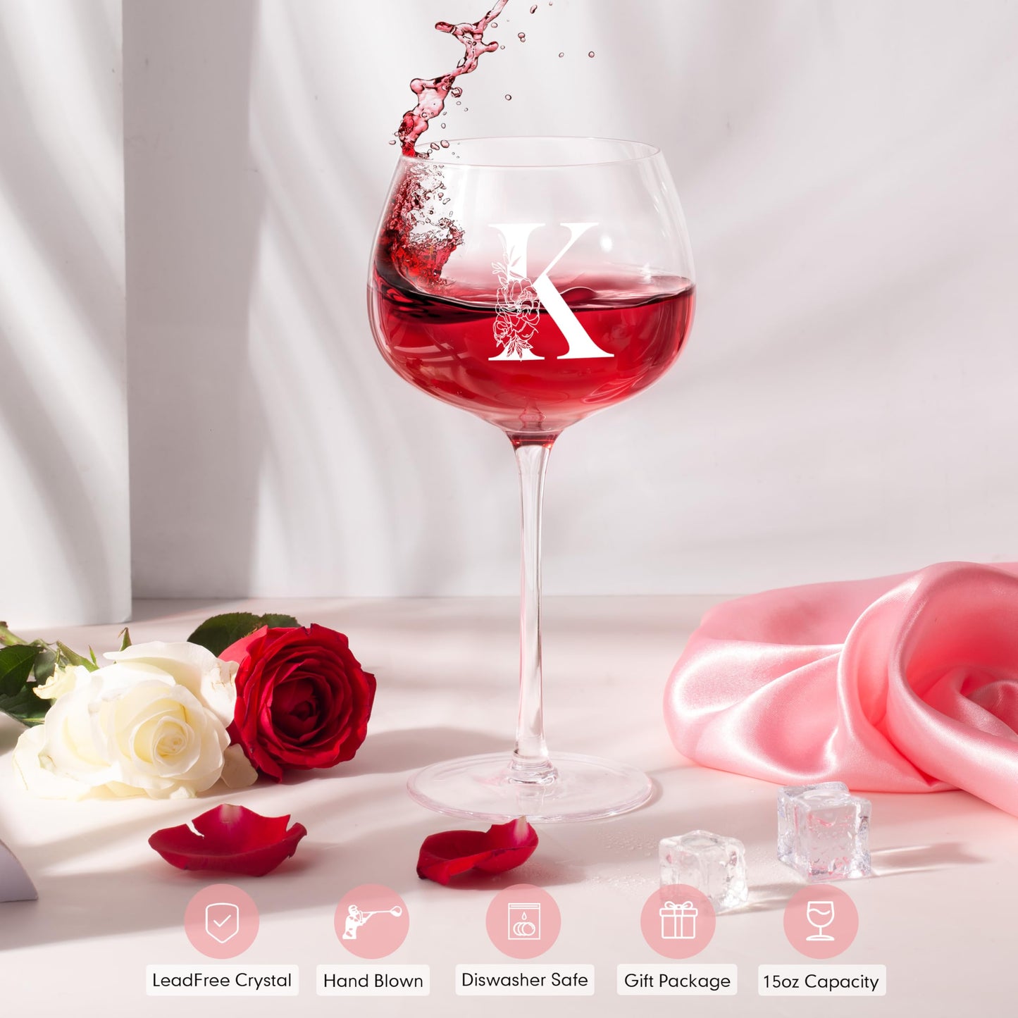 Personalized Gifts for Women - Customized Gift A-Z Wine Glass, Unique Birthday Gifts for Women, Christmas Basket Gift for Her, Mom, Wife, Sister, Friend, Nurse（K）