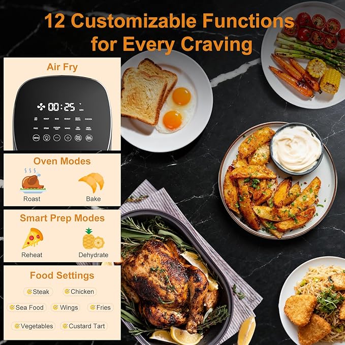 Fullwill Air Fryer with Viewing Window 6QT,5-in-1 Multi-Function(Air Fry,Roast,Bake,Reheat,Dehydrate) plus 7 One-Touch Presets for Wings,Fries,Steak and More,95% Less Oil Cooking for Families