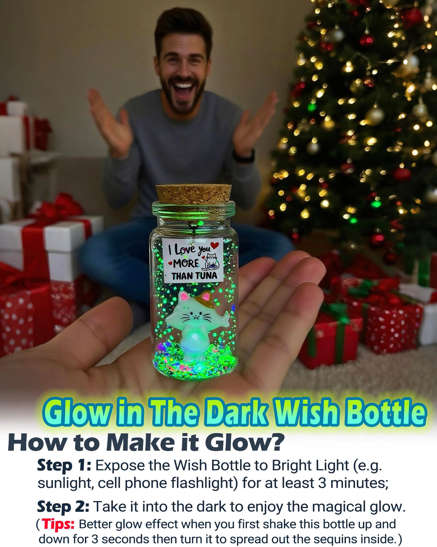 Anniversary I Love You Presents for Him Her, Cute Romantic Message in Glow Bottle Gift to Boyfriend Girlfriend, Funny Valentines Christmas Birthday Gifts Husband Wife (Cat, I Love You More Than Tuna)