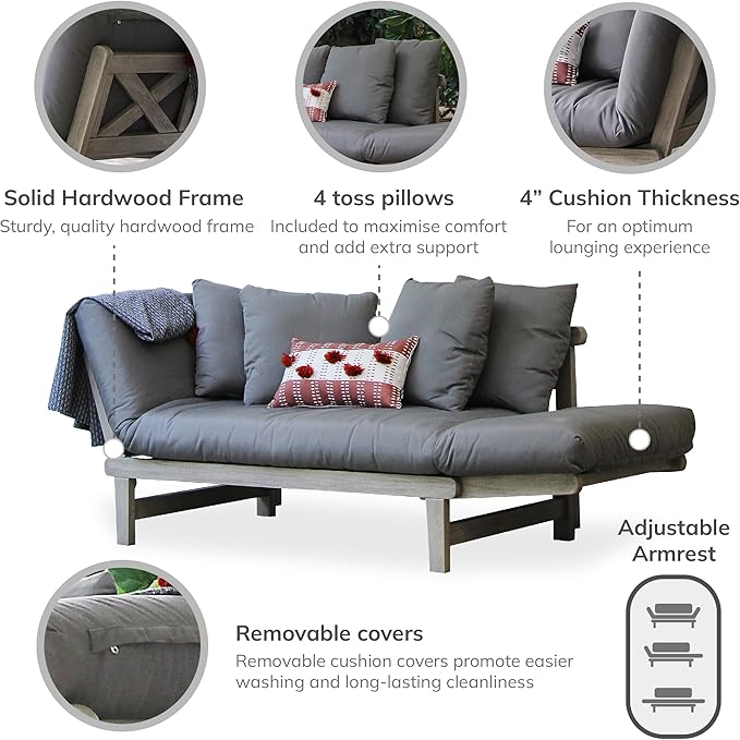 Cambridge Casual West Lake Mahogany Outdoor Convertible Sofa Daybed, Weathered Gray/Gray Cushion
