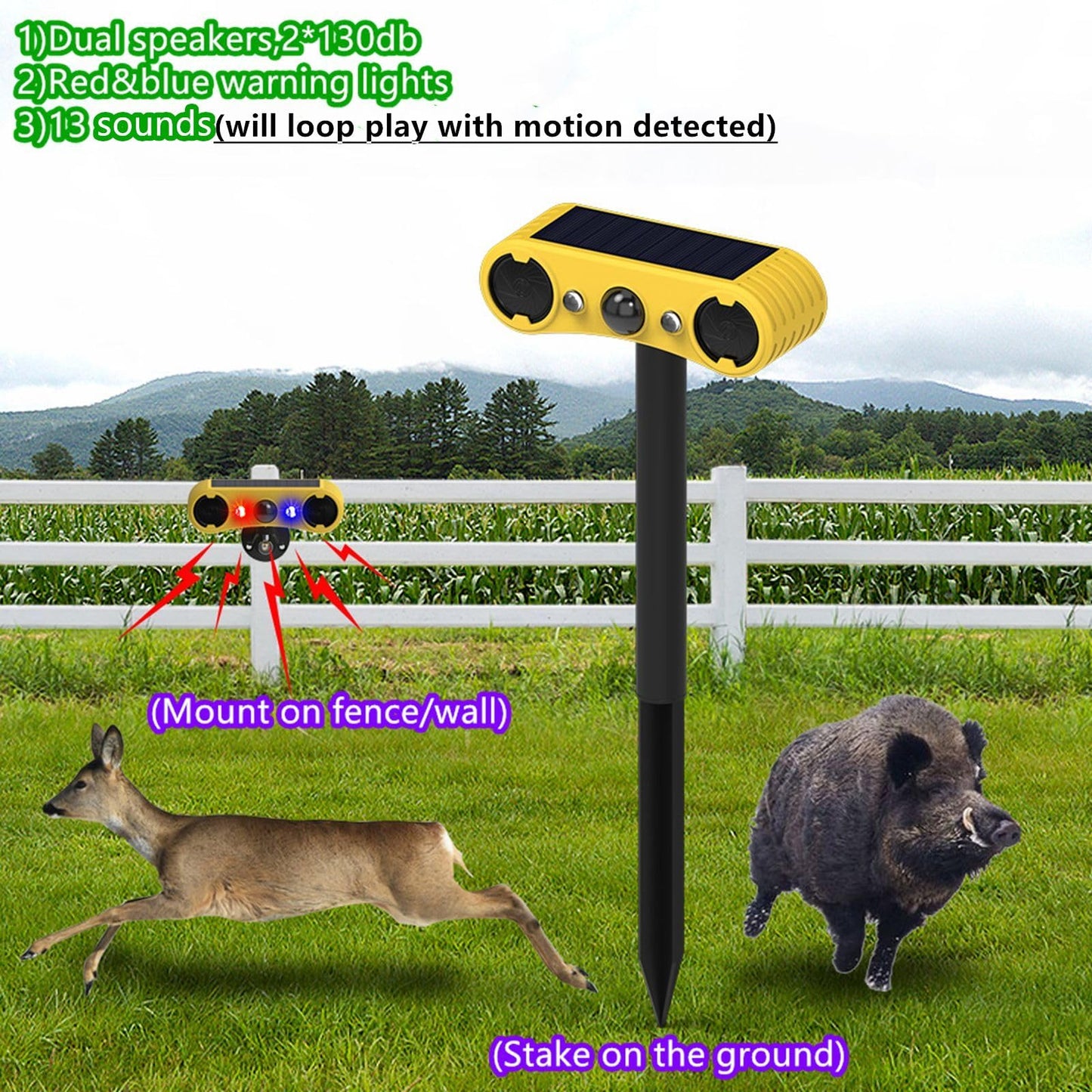 Hulppre Solar Outdoor Motion Sensor Alarm-13 Sounds Including Dog Barking&Gunshot,2 * 130Db Loud Noise Maker,4 Modes,Red&Blue Mo