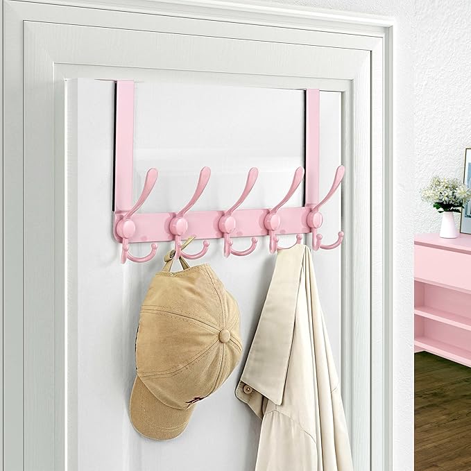 Dseap Over The Door Hook Hanger - 5 Tri Hooks, Heavy Duty Over The Door Towel Rack Coat Rack for Clothes Hat Towel, Pink, 2 Packs