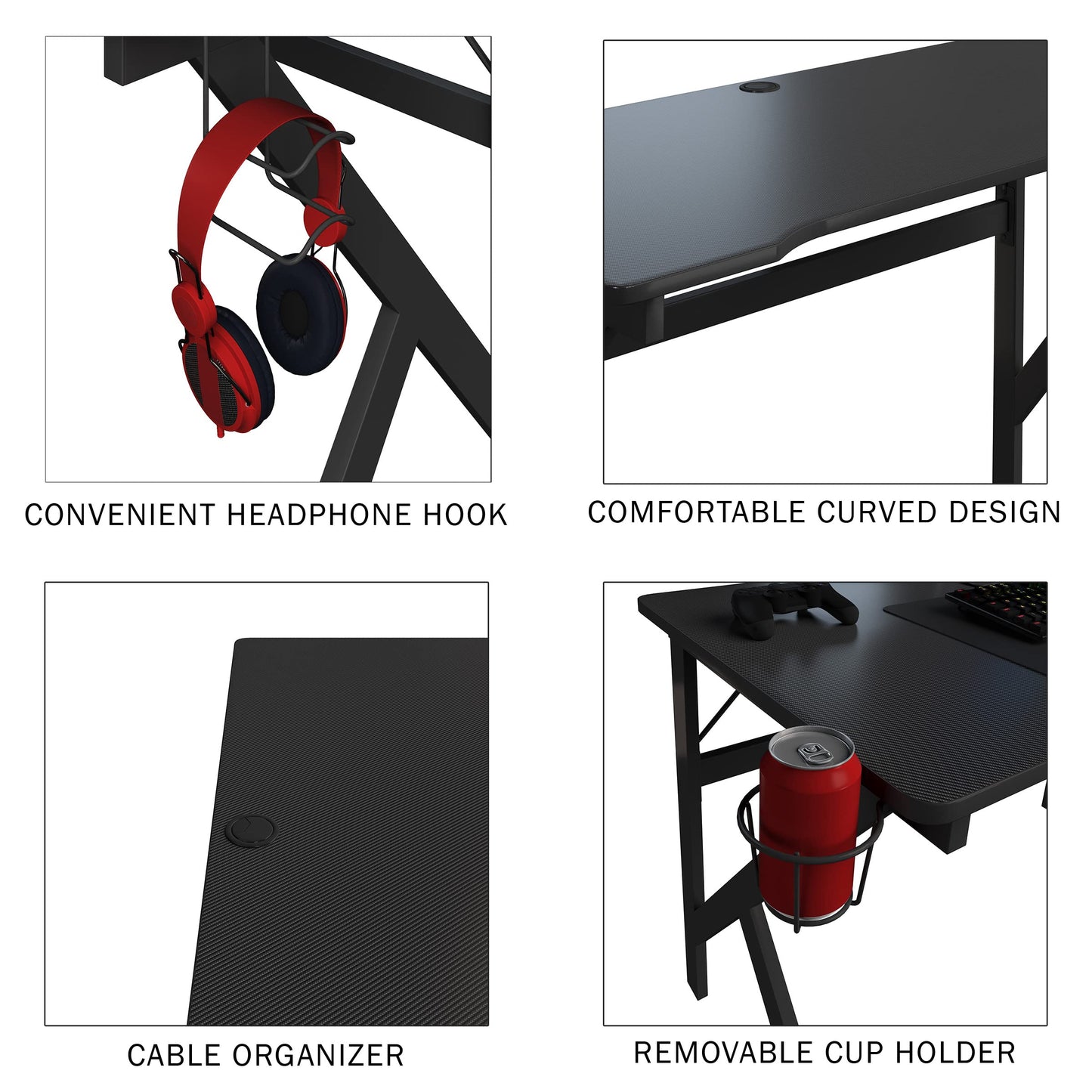 Gaming Computer Desk - Carbon Fiber Texture Finish PC Desk with Cup Holder, Headphones Hanger, K Shaped Legs, Cable Management by Lavish Home (Black)