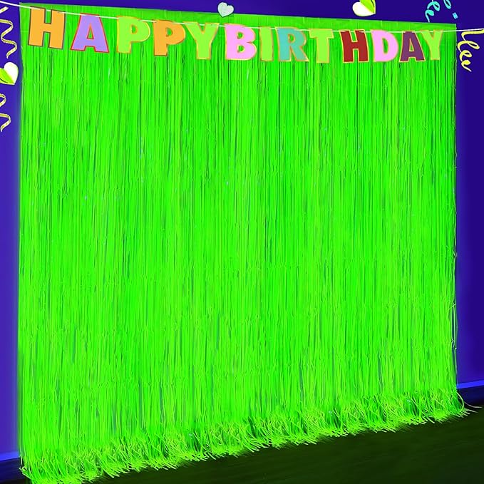 Glow in The Dark Party Supplies, 2 Pack Fluorescent Metallic Tinsel Foil Fringe Curtains, 3.3x6.6 ft Neon Backdrop Streame...