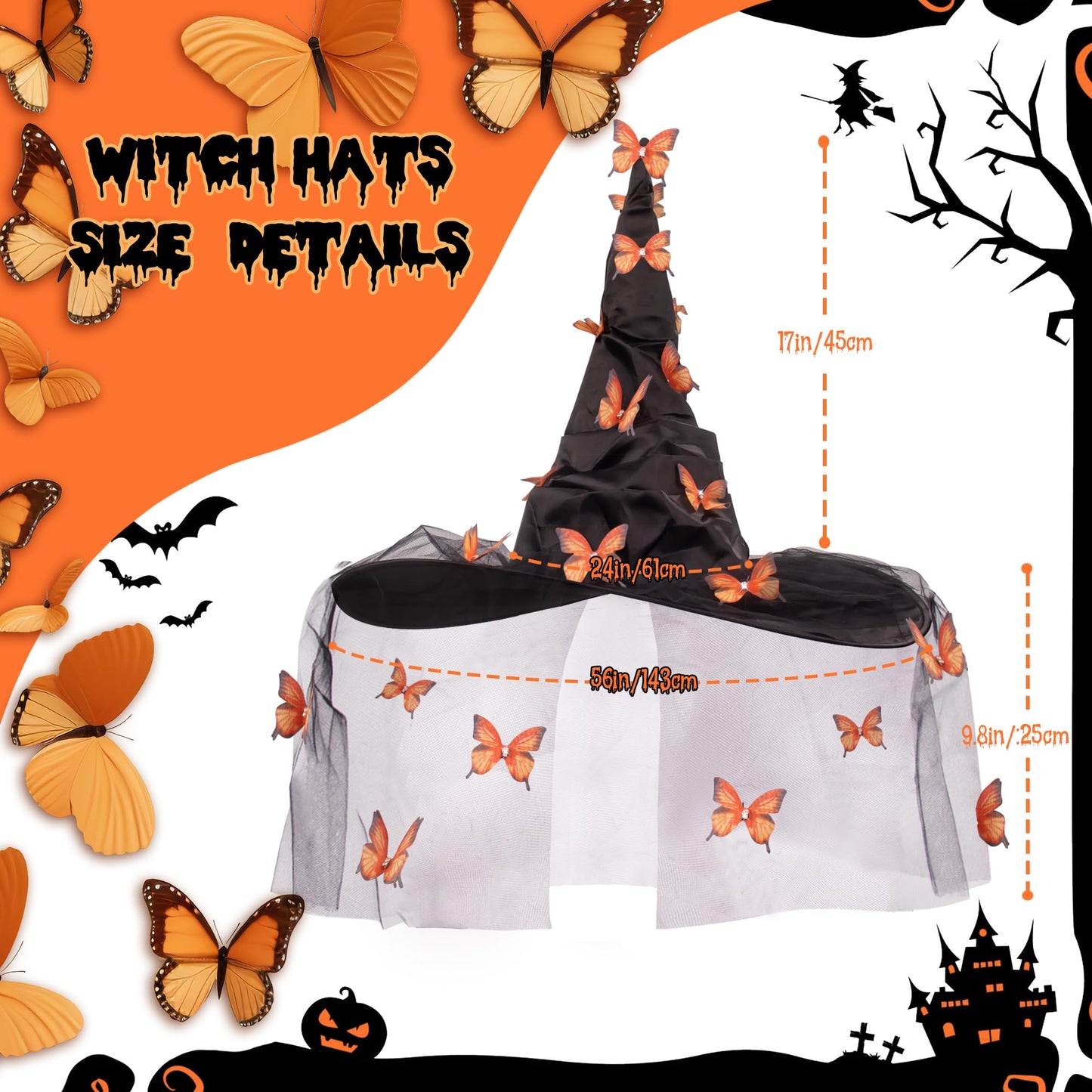 MGupzao Halloween Witch Hat - Halloween Costumes Outfit for Women, Witches hats for Women Adult Attached Butterfly and Veils, Cosplay Costume Halloween Party Favors