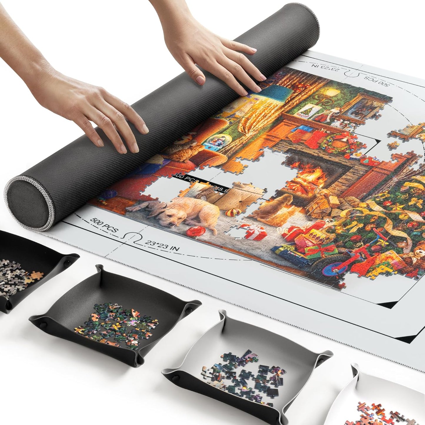 ropoda 1500 Pieces 46" x 26 "Puzzle Mat Roll Up, Puzzle Saver with 4 Large Sorting Trays & Travel Storage Bag, Portable Rollup Puzzles Keeper(Grey)