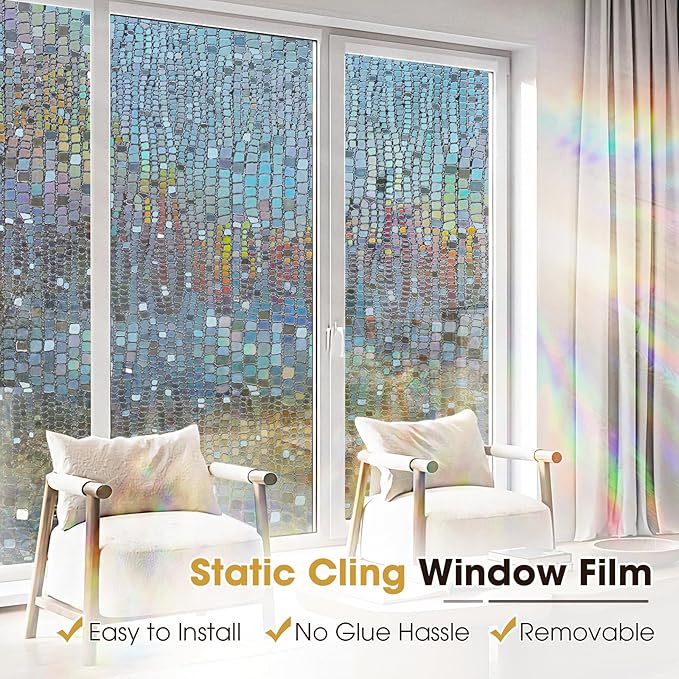 Windimiley Window Privacy Film 3D Rainbow Stained Glass Static Clings Bathroom Decorative Sticker Prism Holographic Window Decals Sun Blocking Non-Adhesive Door Covering, 23.6 x 394in,Brown