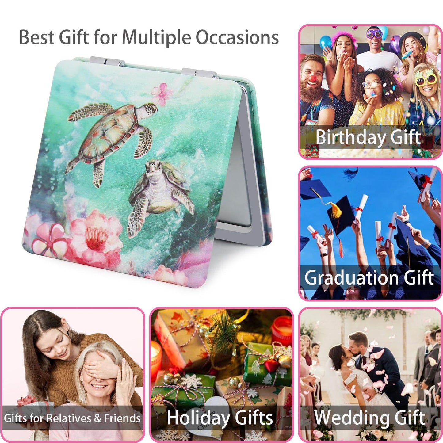 PDOZV Pocket Mirror for Women, 2 Pcs Square 2.8    PU MarineAnimal Style Double Sided 1X/3X Mirror for Purse Travel Compact Mirr