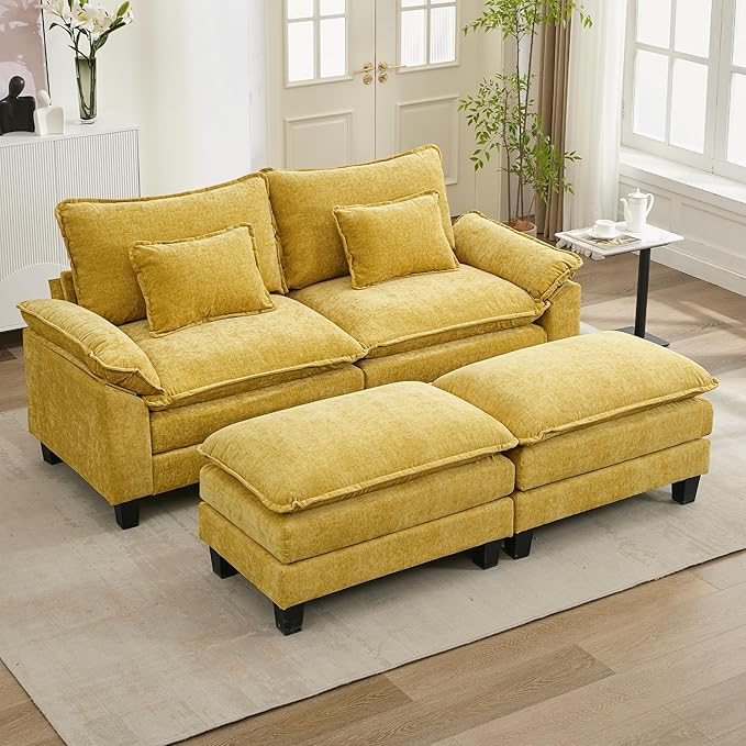 URRED Cloud Couch Modular Sectional Sofa, 87" Modern Loveseat Sofa with 2 Ottomans & Pillows, Ultra Comfy Chenille Couches for Living Room, Bedroom or Apartment, Yellow