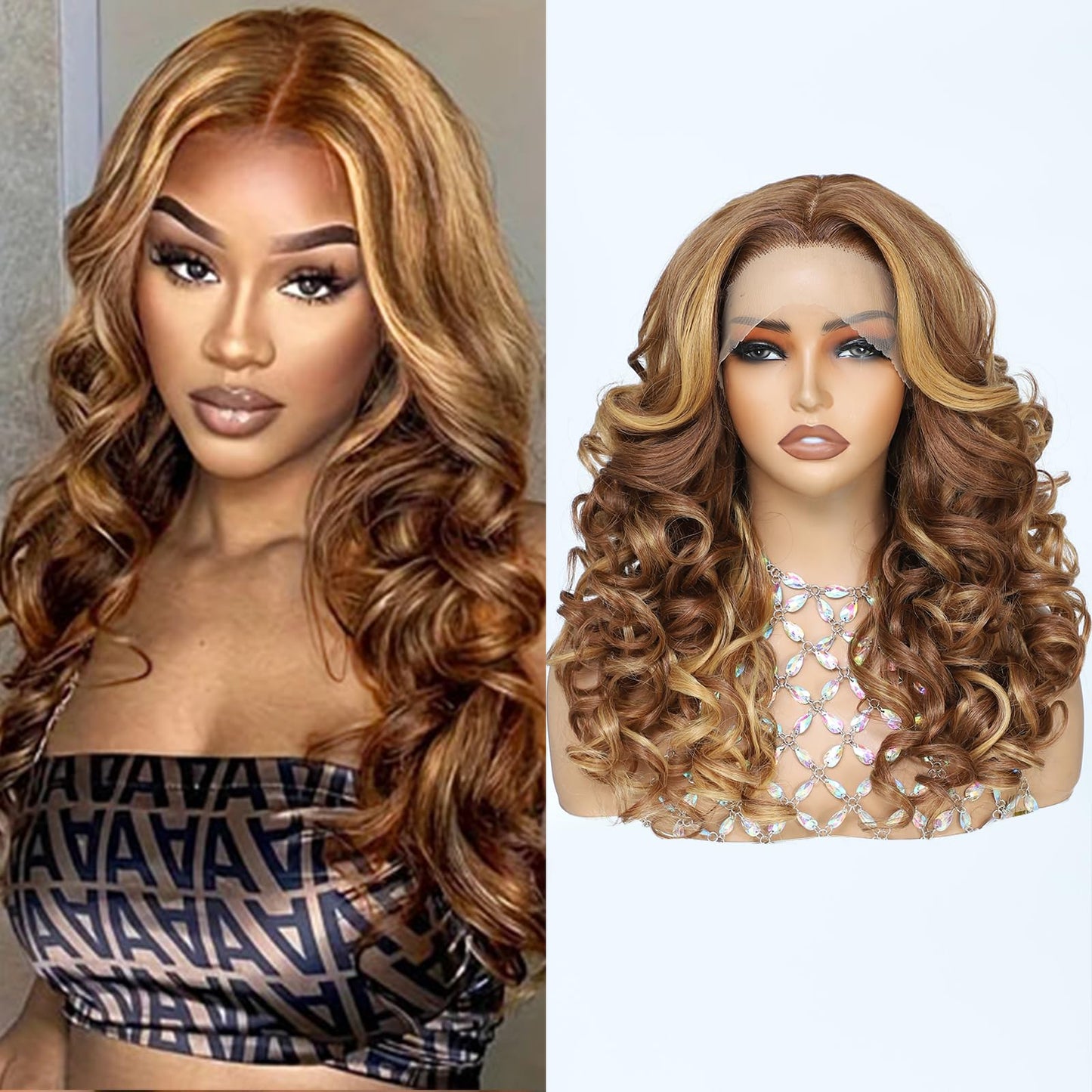 X-TRESS Big Elastic Curly Wave honey blonde Middle Part Lace Synthetic Wig, 22 Inches Yaki, Pre-plucked Glueless Deep Roll Shape