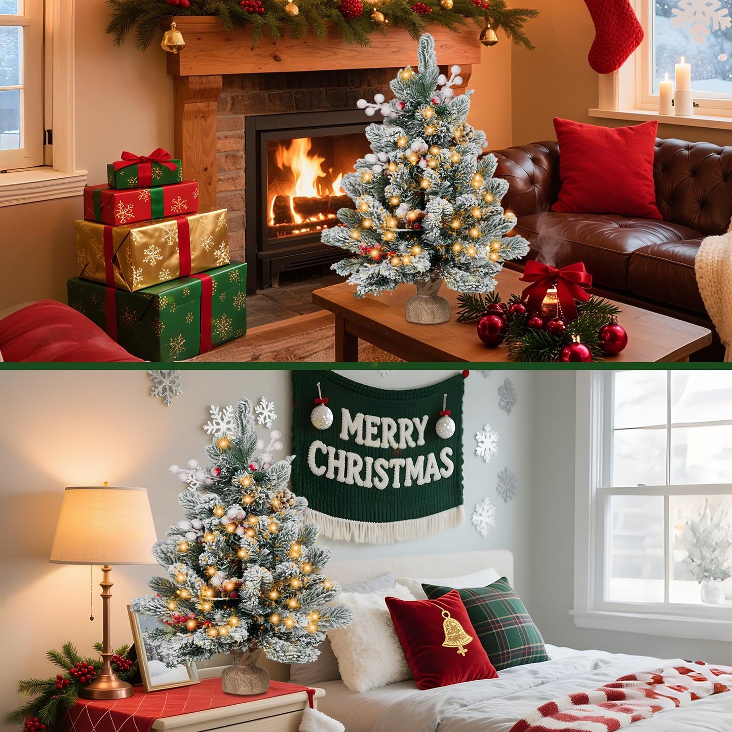 RIDGEPOLE 2FT Pre-lit Mini Christmas Snow Flocked Tree,Tabletop Artificial Christmas Tree with LED Lights, Small Xmas Pine Tree with Cloth Bag Base for Christmas Decor,12 PCS Berry & 8 Pinecones