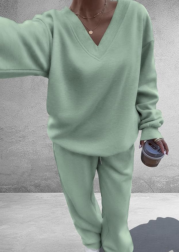 PRETTYGARDEN Casual Winter Two Piece Sets for Women 2026 V Neck Sweatshirt Loose Wide Leg Pants Tracksuit Knit Fall Outfits